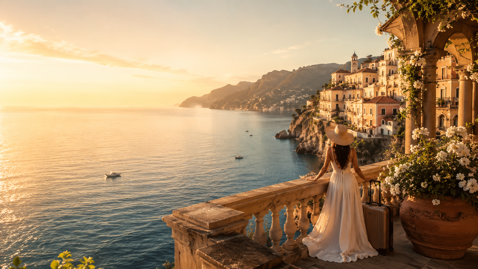 Traveler at sunset overlooking a Mediterranean coastal town
